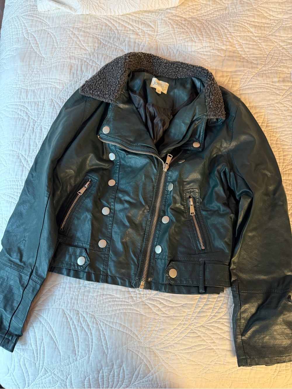 Jolt Black Faux Leather Moto Jacket with Gray Sherpa Collar